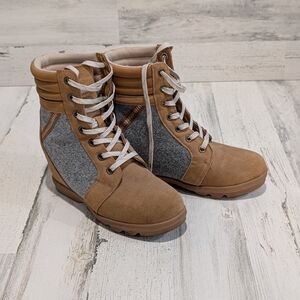 Tan and Gray Lace-Up Boots
